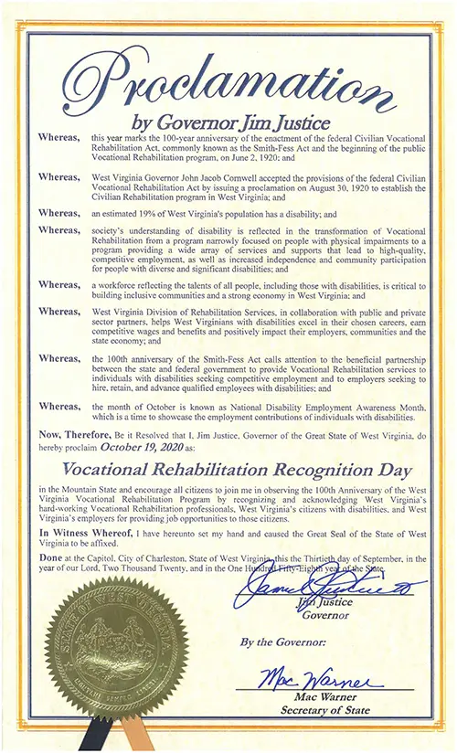 Oct. 19, 2020 proclamation of West Virginia Gov. Jim Justice
