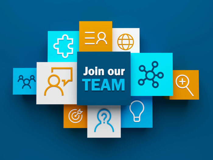Three-dimensional rendering of an invitation to Join Our
Team on a dark blue background.