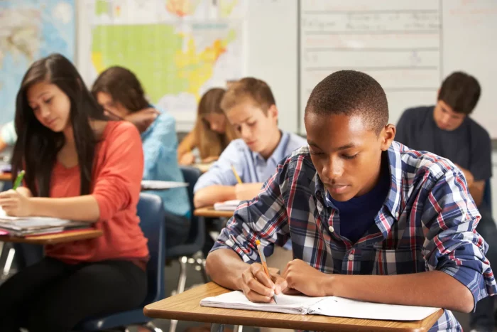 A view of a diverse group of classmates sitting at their desks in a classroom. They are concentrating on their work, writing in notebooks using pencils