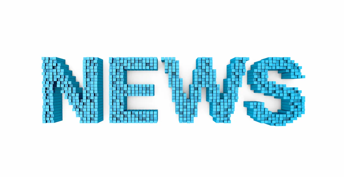 The word NEWS, made of three-dimensional, turquoise blocks set against a white background.