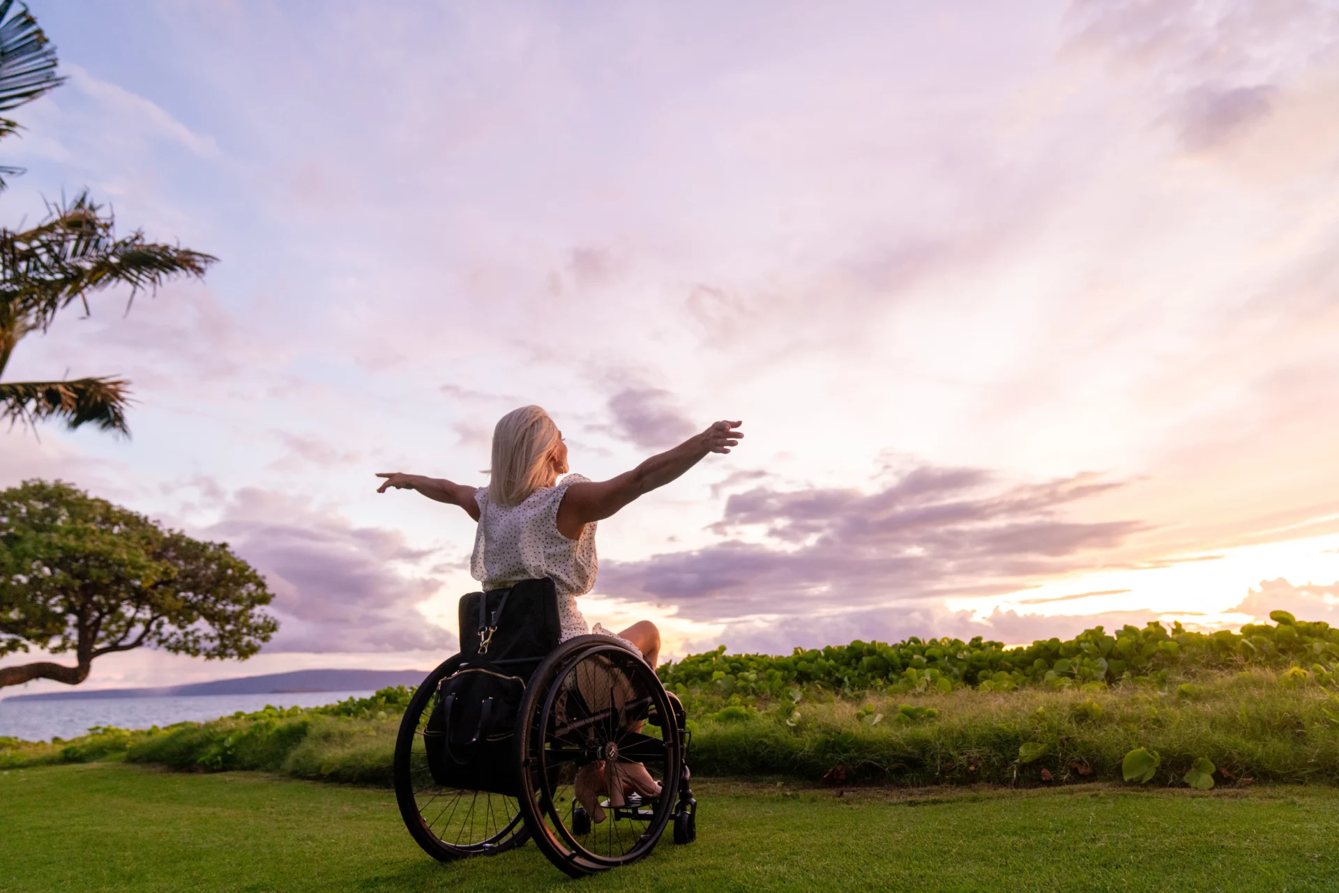 Woman in a wheelchair, with arms outstretched, looks out over the horizon.